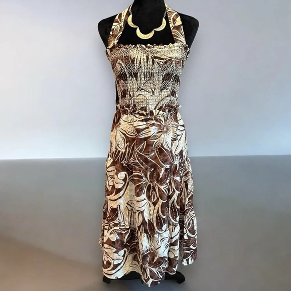 Sam Edelman SMOCKED SLIT-FRONT HALTER MIDI DRESS floral beige and brown sz med - Picture 3 of 9